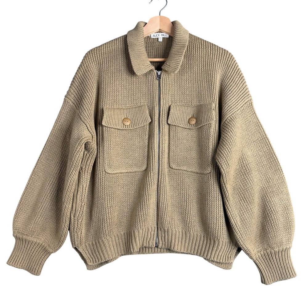 Alex Mill Wallace Sweater Jacket XL Vintage Khaki Chunky Ribbed Cotton Full Zip
